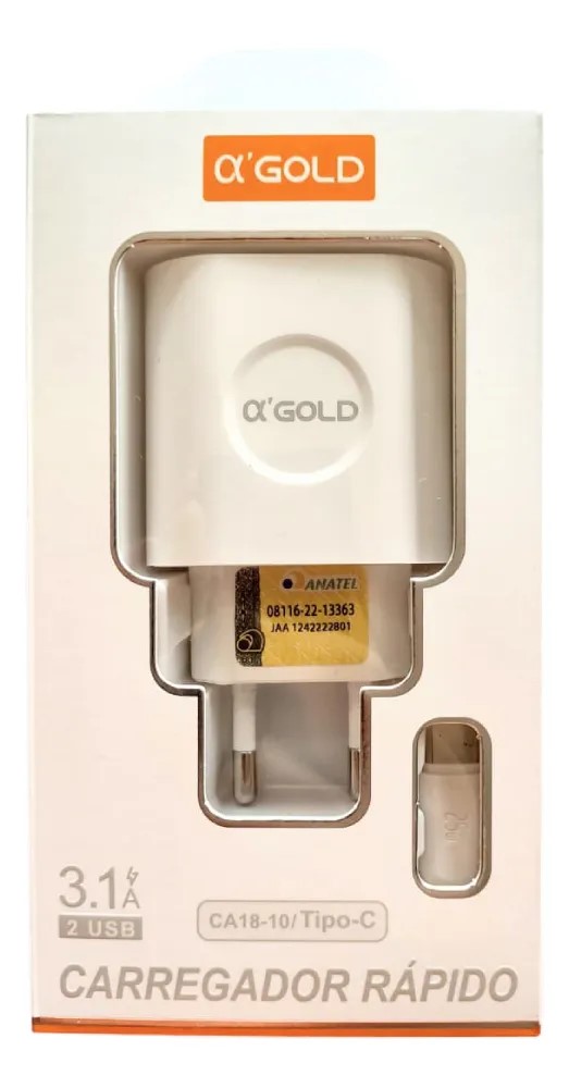 Carregador Rápido A'gold Ca18-10 | 3.1a + Cabo Tipo-c 2 Usb - Imagem 2