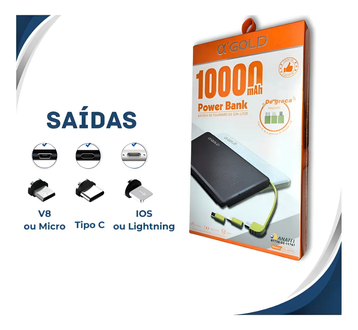 Carregador Portátil Power Bank A'gold 10000mAh Universal - Imagem 3