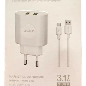 Carregador Rápido A'gold Ca18-10 | 3.1a + Cabo Tipo-c 2 Usb