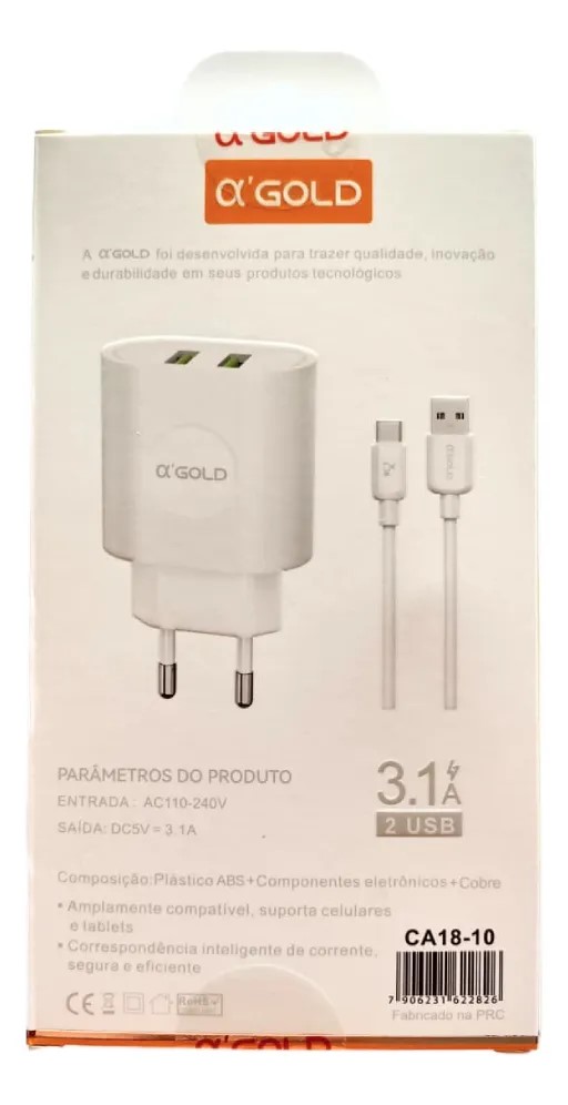 Carregador Rápido A'gold Ca18-10 | 3.1a + Cabo Tipo-c 2 Usb